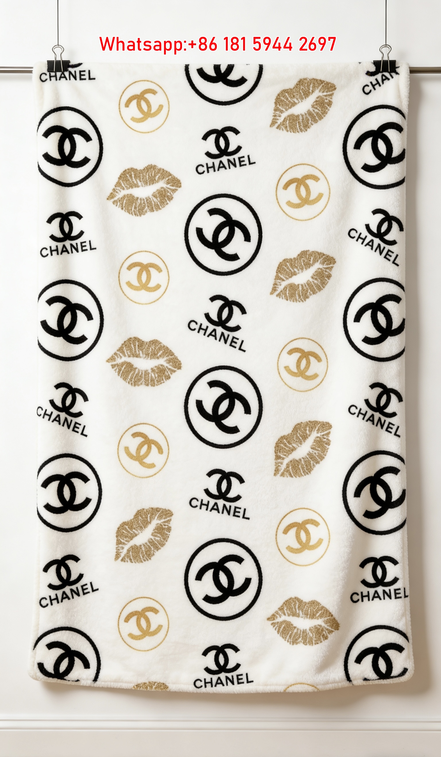 Chanel Gold Glitter Lips CC Logo Flannel Throw Blanket IMG_7091